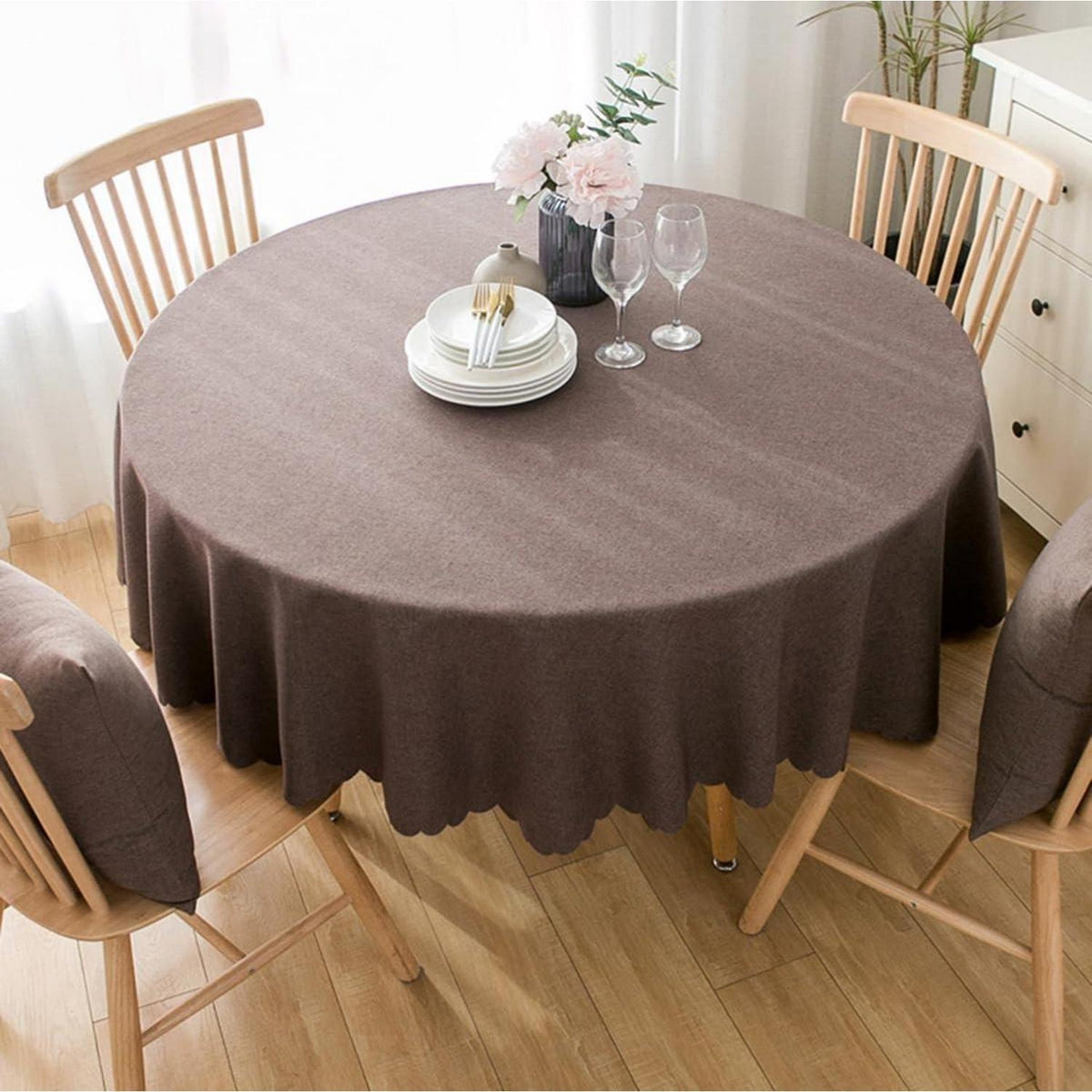 Runde Baumwoll-Leinen Tischdecke schmutzabweisend 260cm Dunkelbraun
