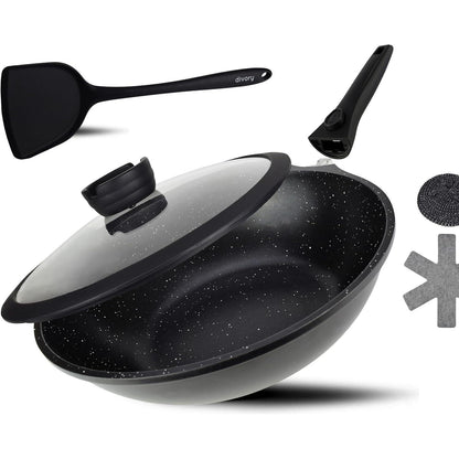 Wok Pfanne 30cm mit Deckel, abnehmbarer Griff, Induktion