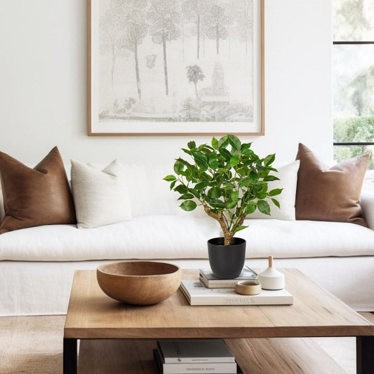 Briful Kunstpflanze Ficus Pflanze Schwarzem Topf 43CM - Dekopflanze Grün