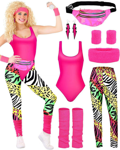 80er Jahre Damen Retro Trainingsanzug Kostüm Set Accessoires