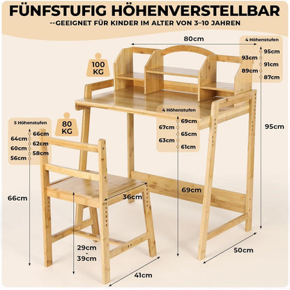 Kinderschreibtisch mit Stuhl, höhenverstellbar, Bambus Holz