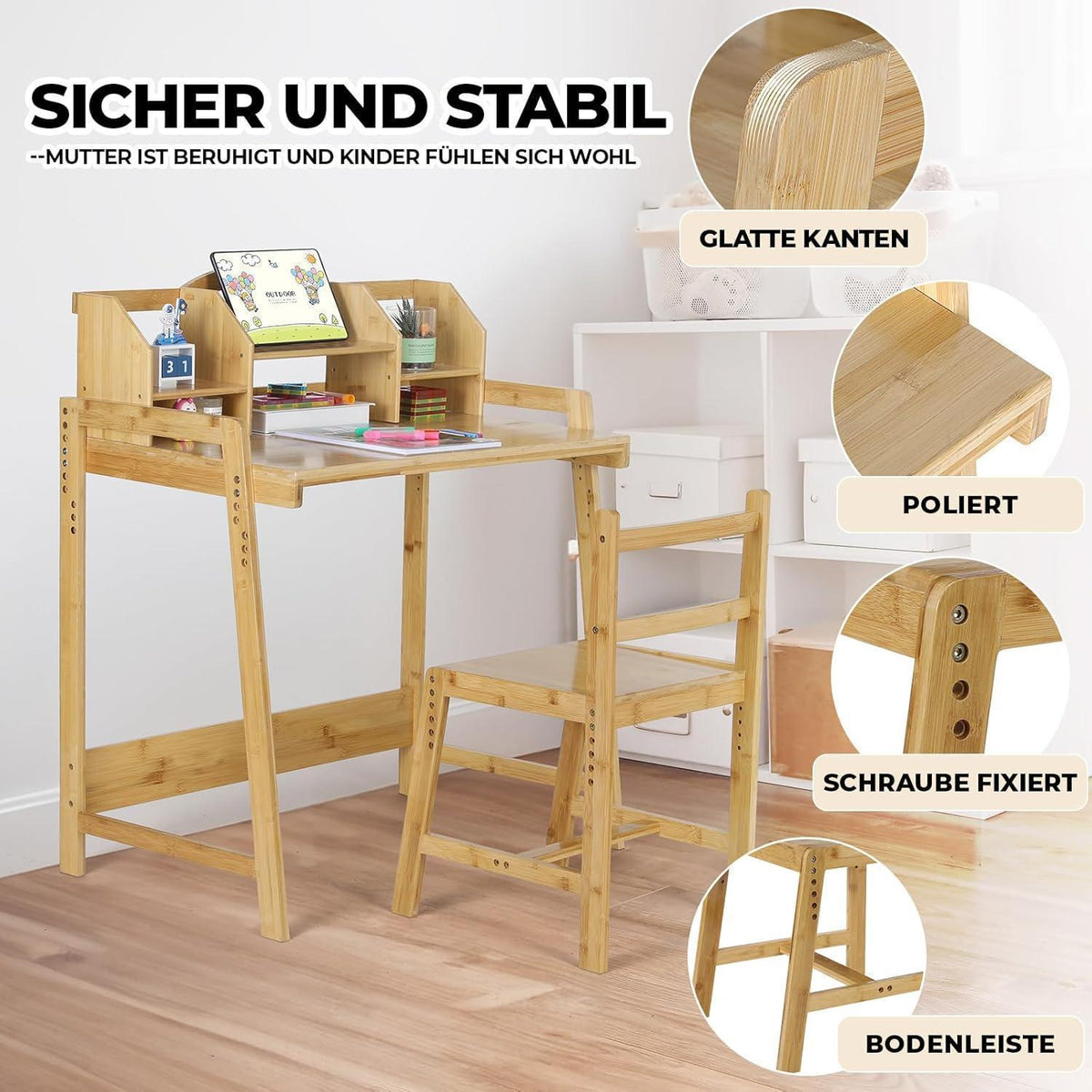 Kinderschreibtisch mit Stuhl, höhenverstellbar, Bambus Holz
