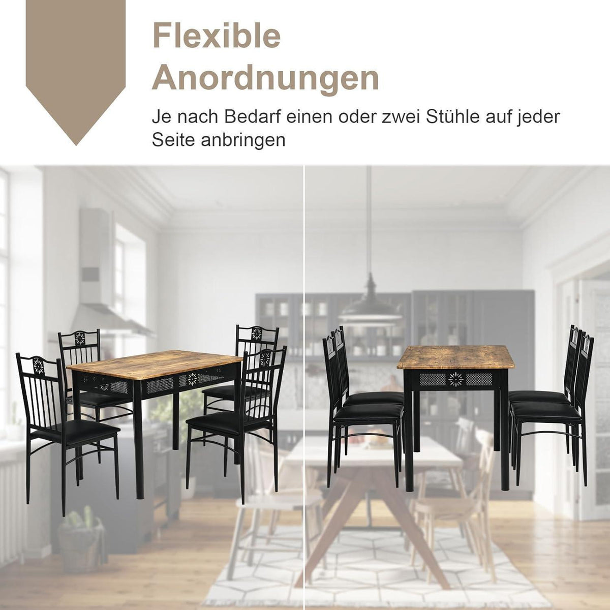 5-teilige Essgruppe Schwarz – Moderner Esstisch mit 4 gepolsterten Stühlen