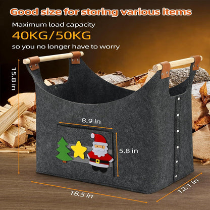 Faltbarer Brennholzkorb mit Filztasche und Holzgriff, Grau