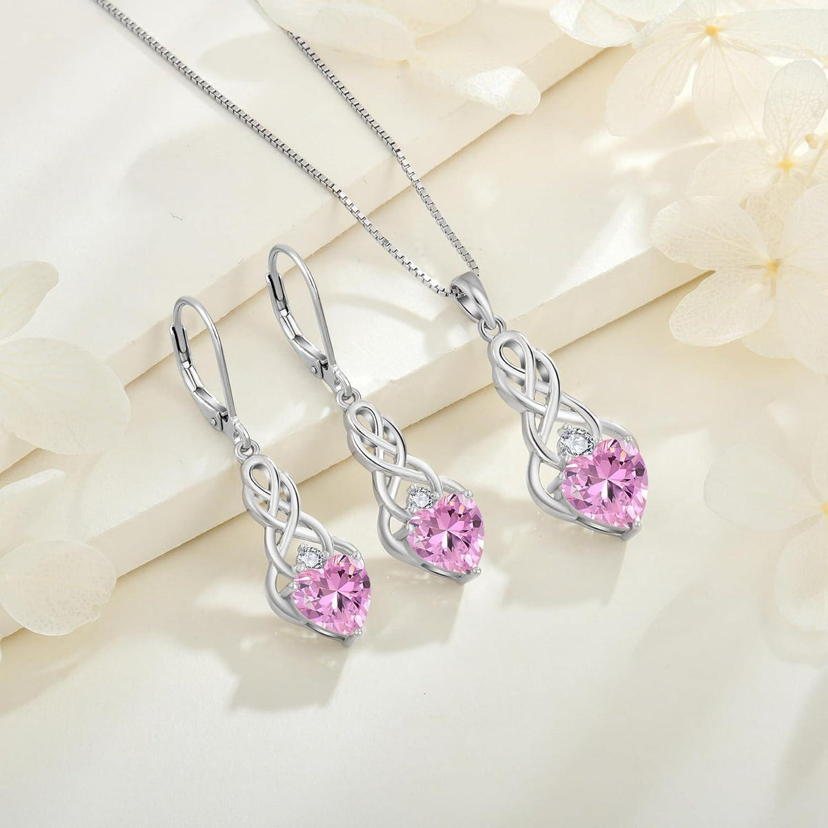 Unendlichkeit Keltischer Knoten Ohrringe 925 Silber Geburtsstein Oktober - Rosa