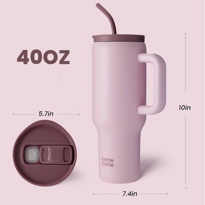 bottlebottle Kaffeebecher 40oz Edelstahl mit Griff und Strohhalm - Rosa