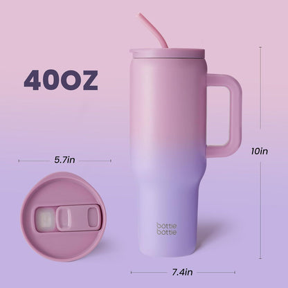 Isolierter Edelstahl Kaffeebecher 1,1L mit Griff und Strohhalm für Reise Büro Uni Sport - Rosa Lila BPA frei auslaufsicher