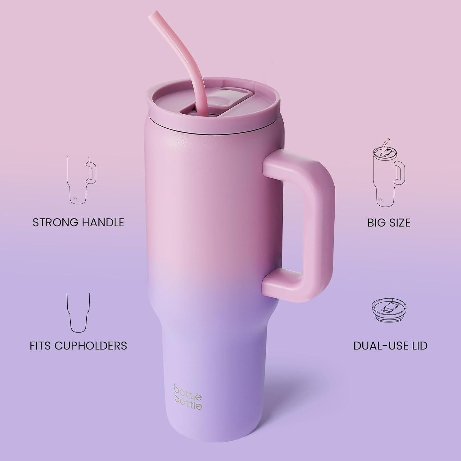 Edelstahl Kaffeebecher 40oz BPA frei mit Griff und Strohhalm, Rosa Lila