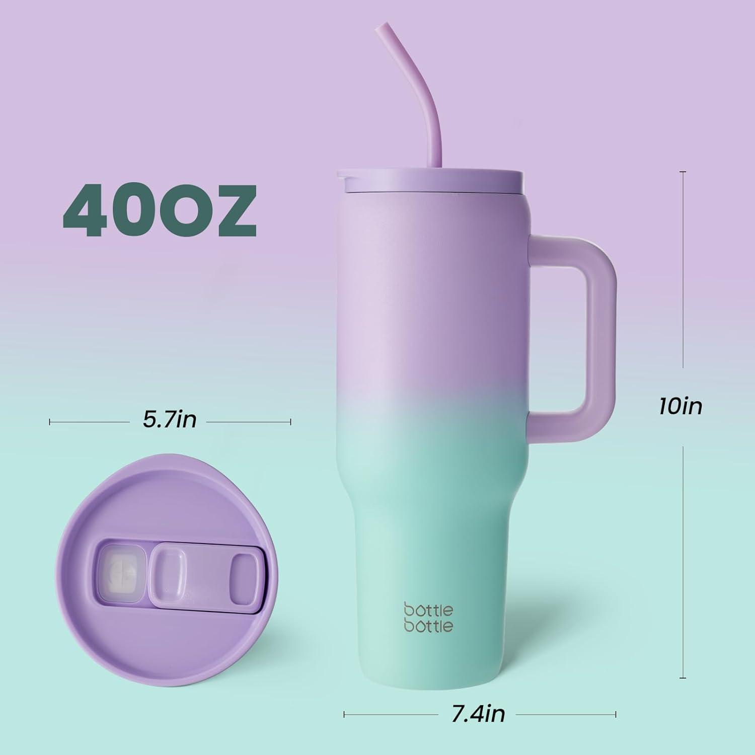 Isolierter Edelstahl-Kaffeebecher 40oz mit Griff und Strohhalm, Lila Grün