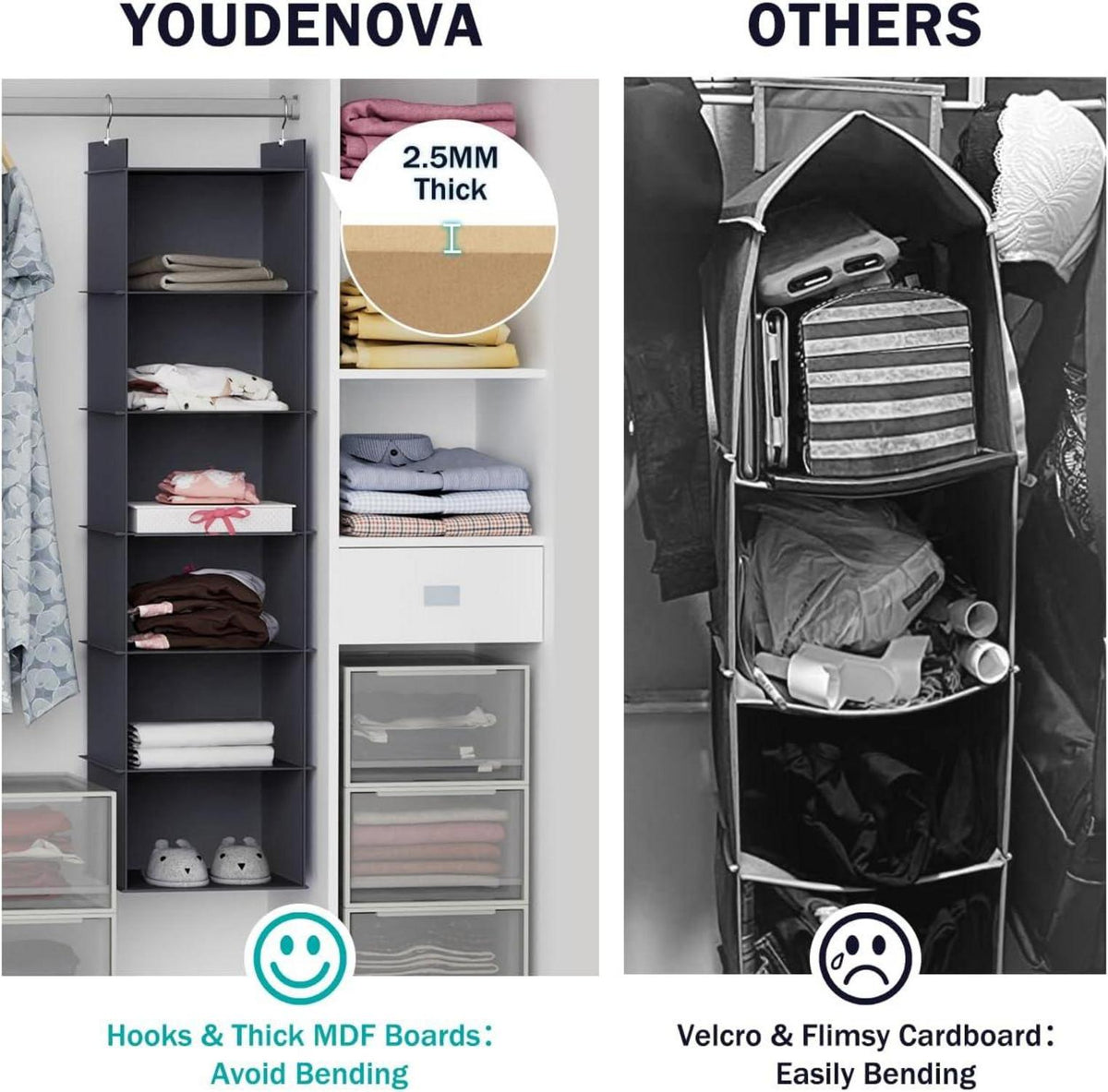 YOUDENOVA Hängeregal Kleiderschrank Organizer Oxford-Stoff 6 Fächer Grau