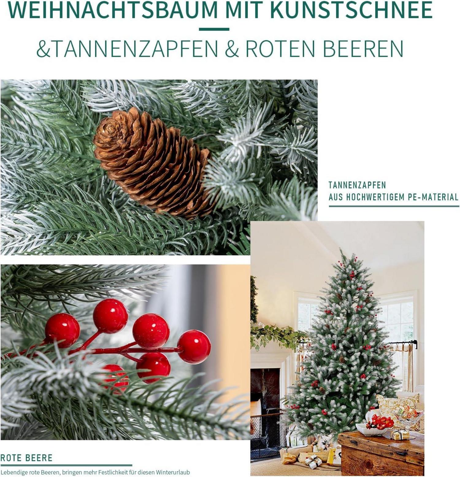 EDWINENE Künstlicher Weihnachtsbaum 180cm Tannenzapfen rote Beeren
