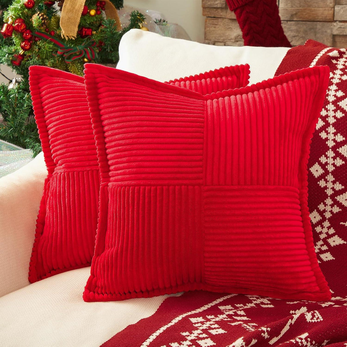 Weihnachten Kissenbezug Kordsamt 50x50 Rot 2er Set Zierkissenbezüge