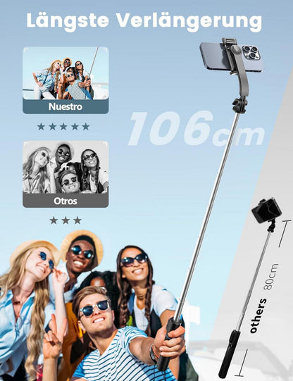 Selfie Stick mit Fernbedienung, 360° drehbar - Schwarz mit fülllicht