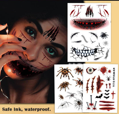 Halloween Temporäre Tattoos Set 10 Sheets Großes Fake Tattoo Spinnen Narben