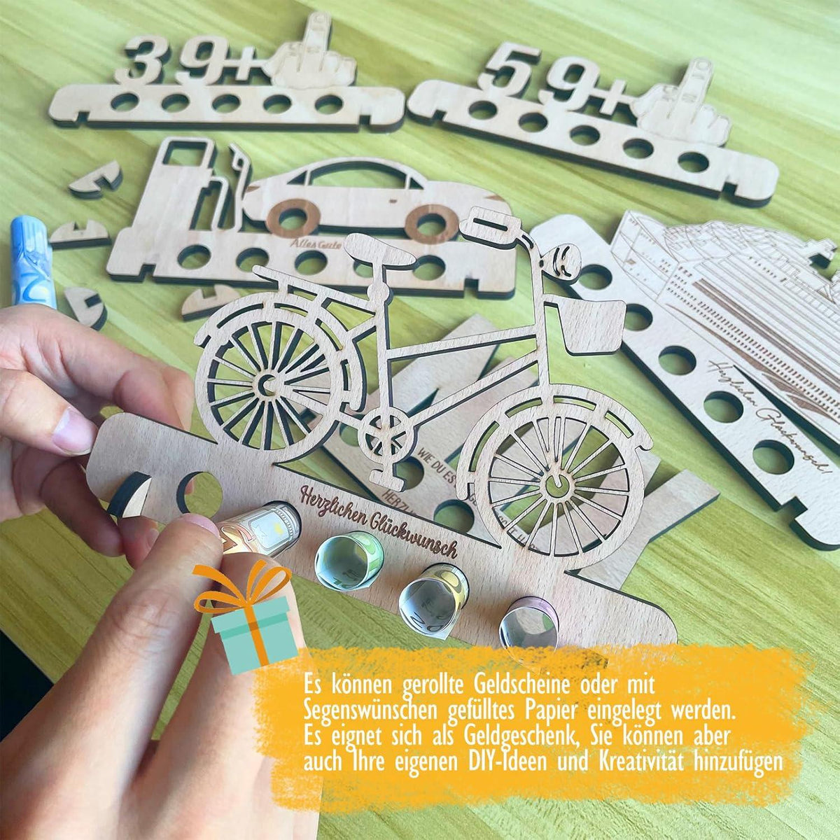 Geldgeschenk Deko Fahrrad Holz Geschenk Urlaubskasse Camping