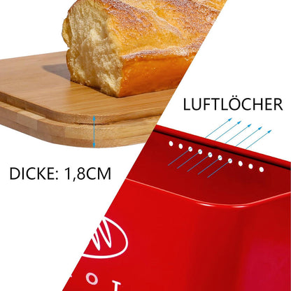 Praktischer Brotkasten mit Bambusdeckel aus Metall rot 30cm * 18cm