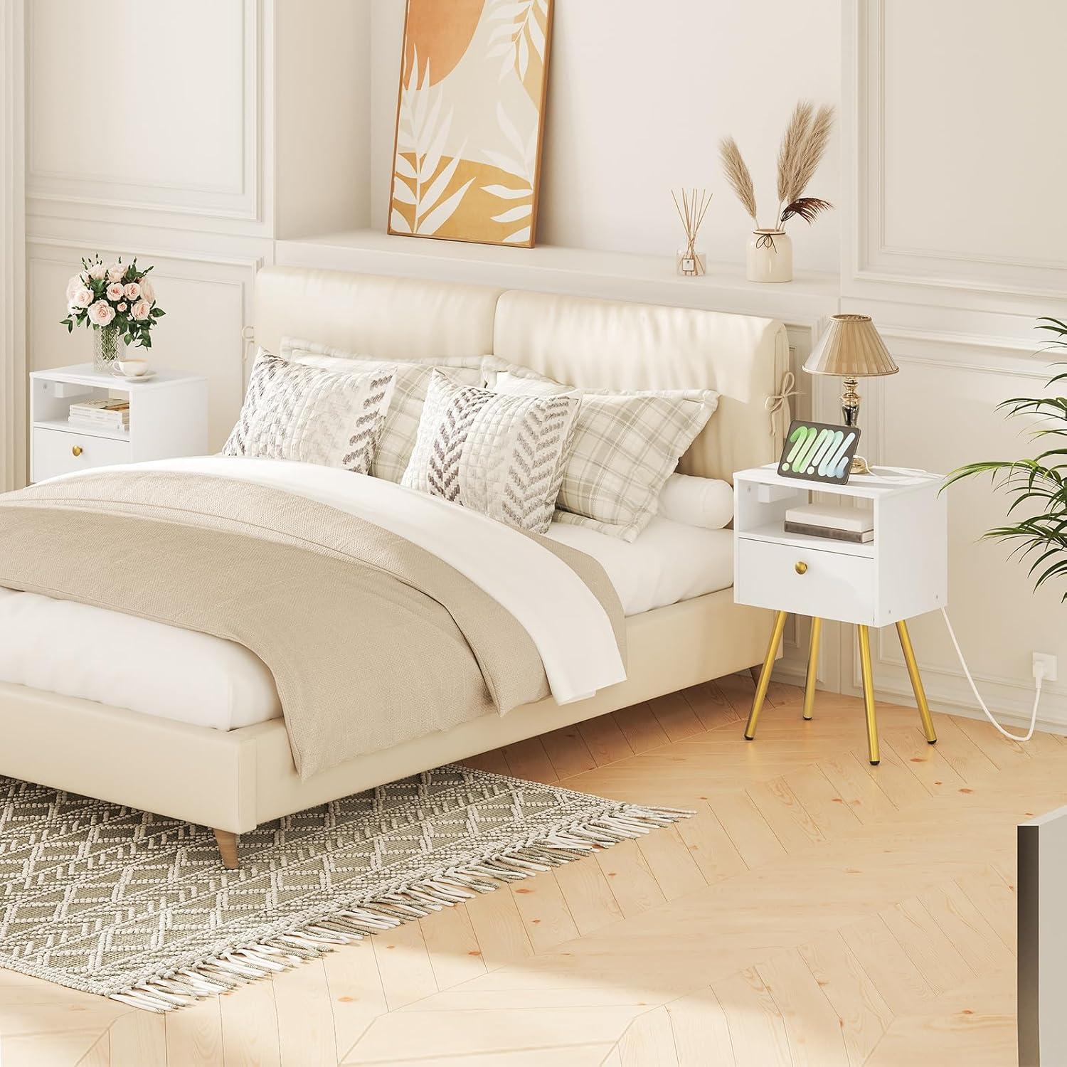Nachttisch mit Ladestation Schublade Offenes Fach Weiß Gold 28x38x60