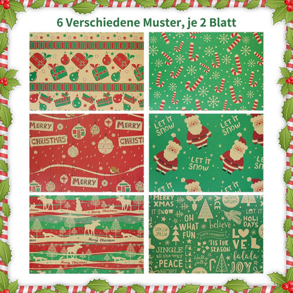 12 Blatt Weihnachten Geschenkpapier 100G Kraftpapier 6 Designs Festliche