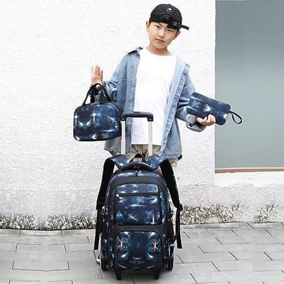 Schulrucksack Jungen Trolley Set mit Lunch Tasche & Federmäppchen Dunkelblau