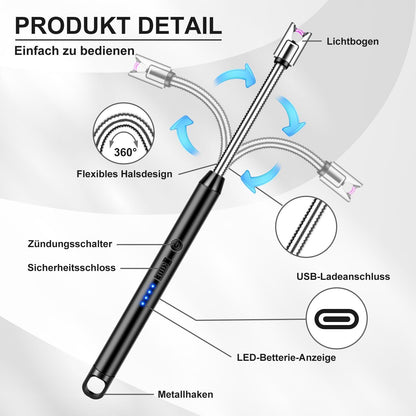 LcFun Stabfeuerzeug USB wiederaufladbar winddicht Schwarz