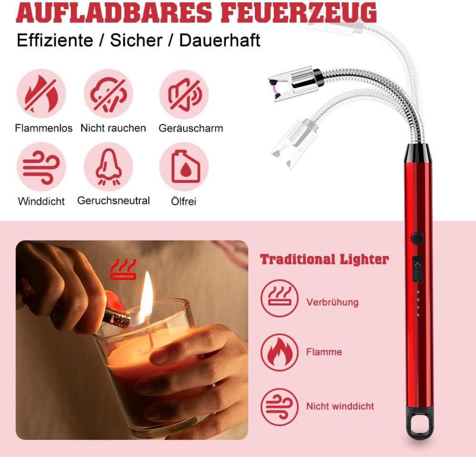 LcFun Stabfeuerzeug Lichtbogen Feuerzeug Elektrisch USB Winddicht für Küche Camping Rot