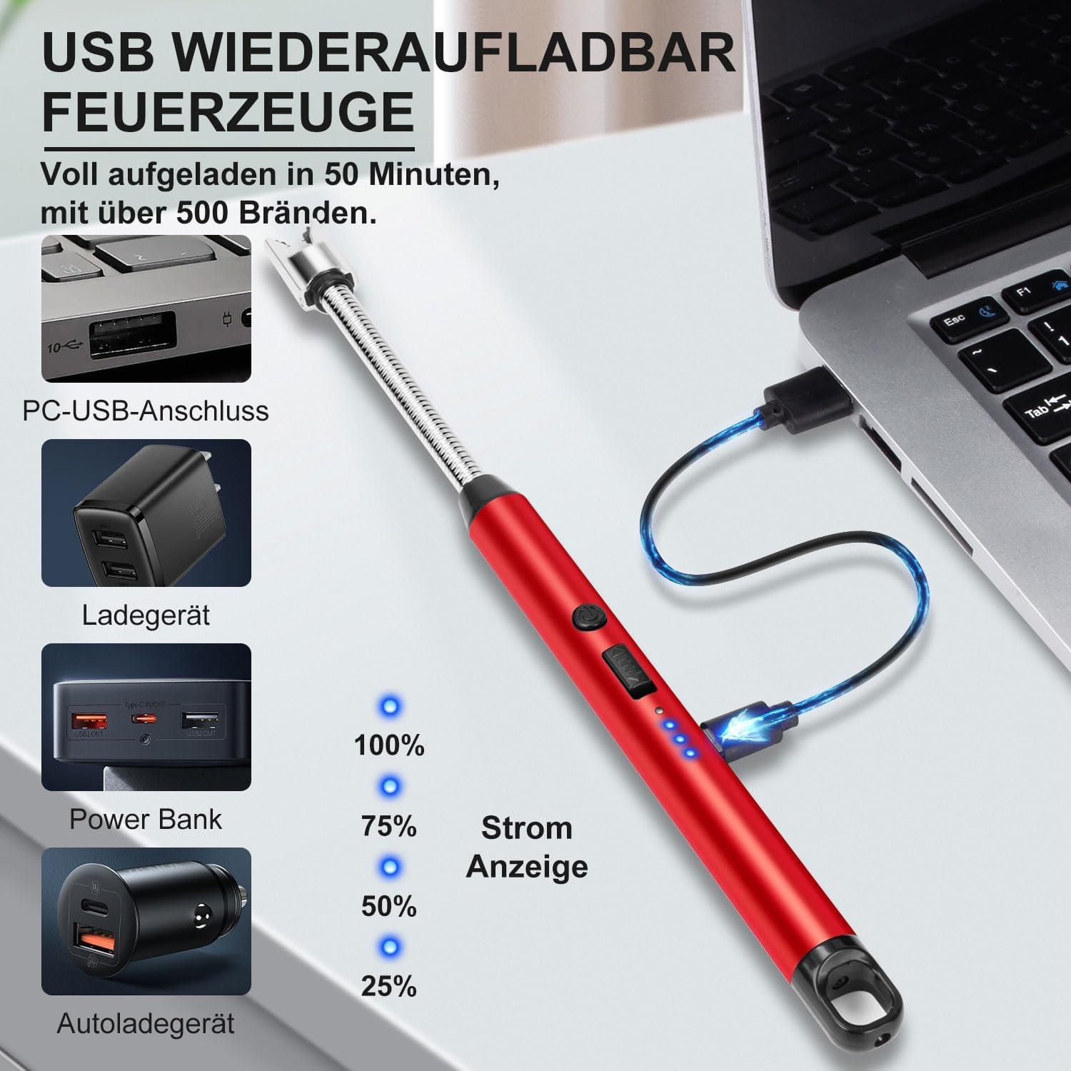 Stabfeuerzeug Elektrisch Lichtbogen USB Feuerzeug Lang Flexibel Winddicht Rot
