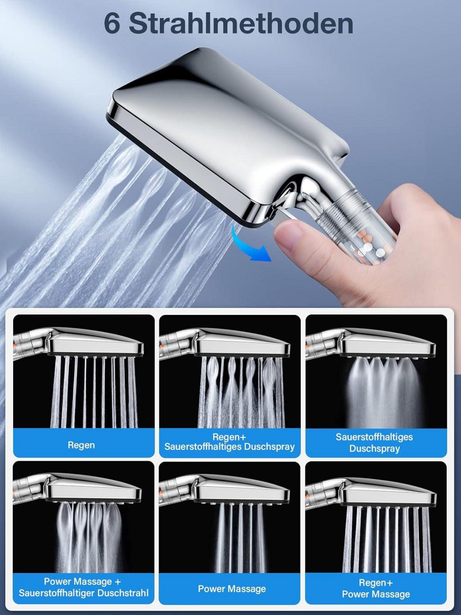 Duschkopf Handbrause mit Filter Hochdruck 6 Strahlarten Antikalk Chrom