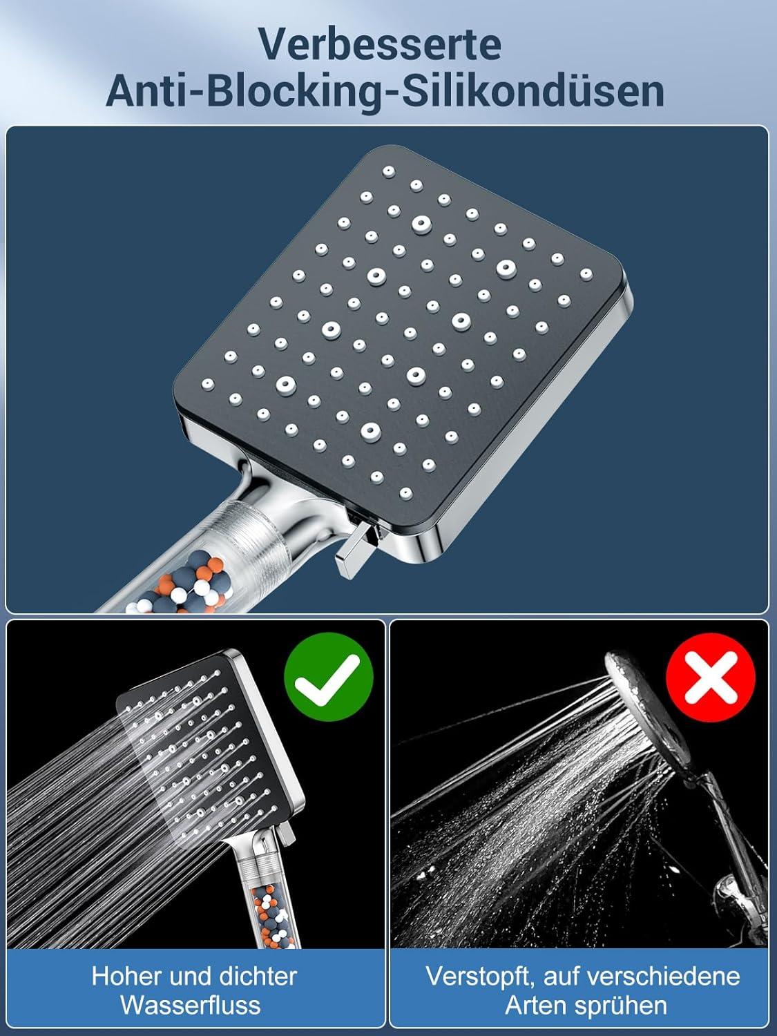 Duschkopf Handbrause mit Filter Hochdruck 6 Strahlarten Antikalk Chrom