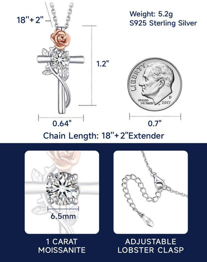Kreuz Kette Moissanite 1,2 Karat Silber 925 Rose Blume Halskette mit