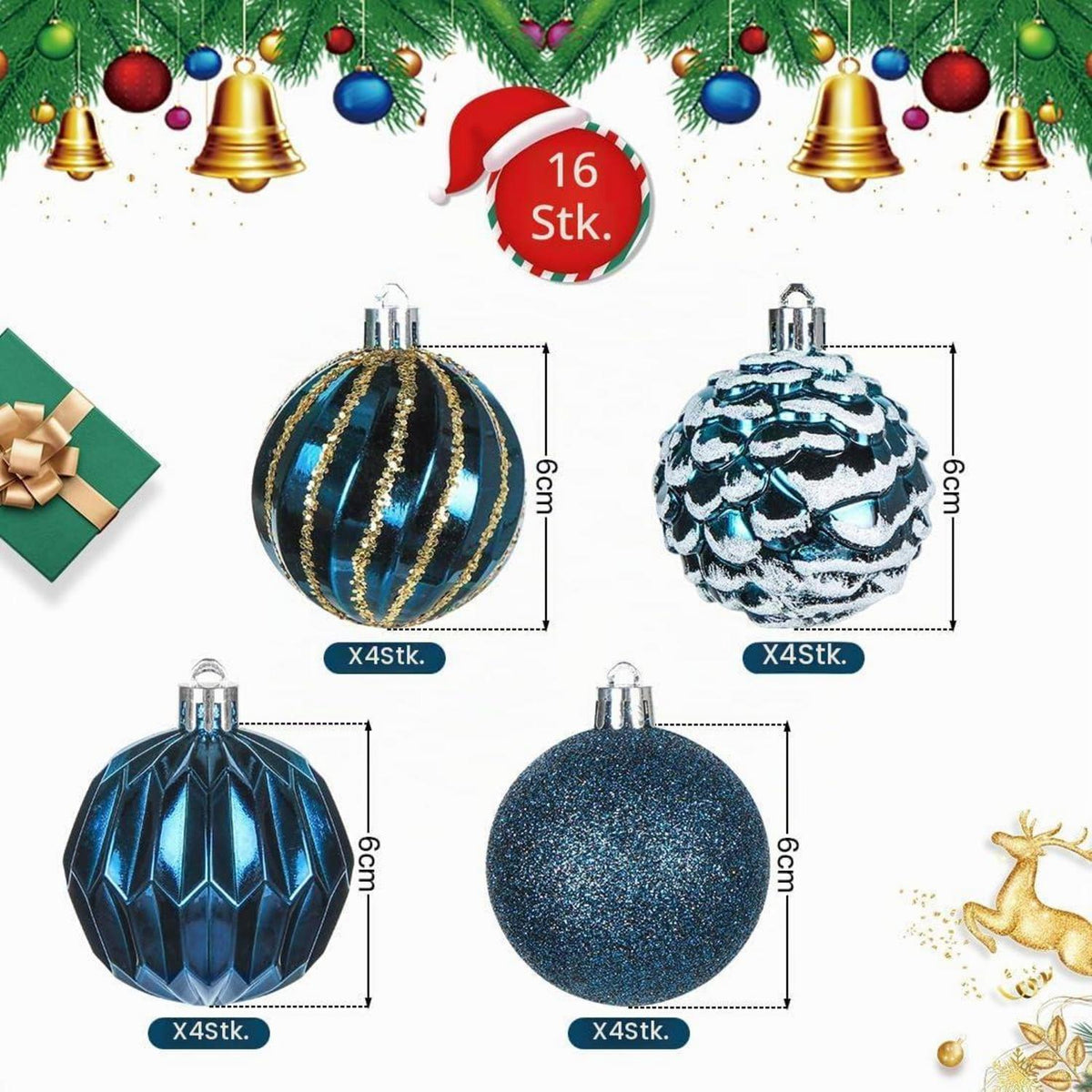 Dunkelblaue Weihnachtskugeln Set 16 Stück – 6cm Kunststoffdeko