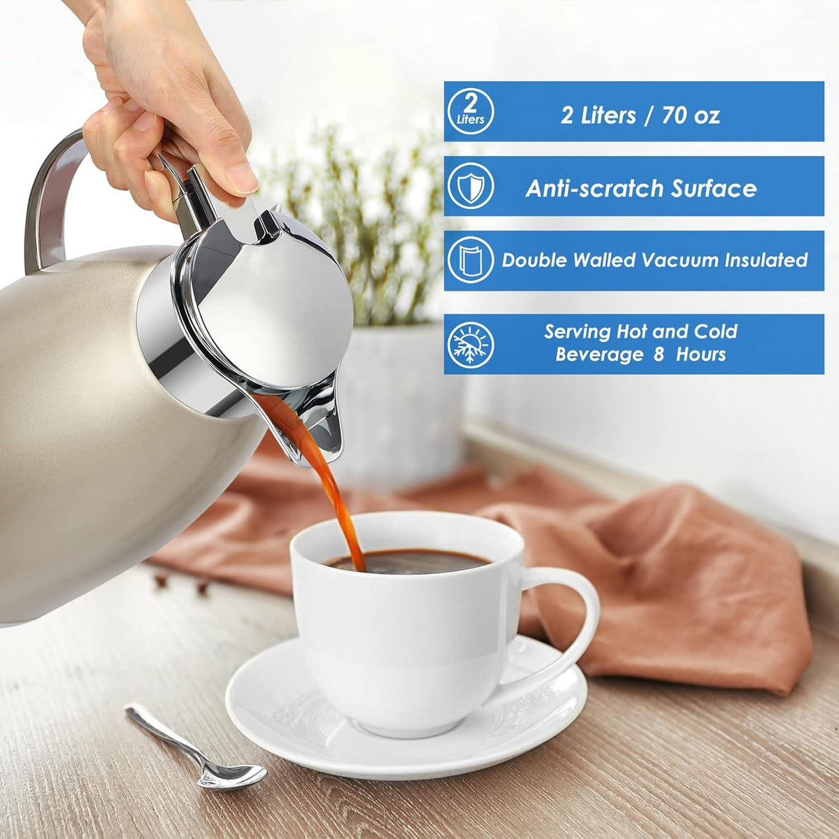 Edelstahl Isolierkanne 2.3L Thermoskanne Kaffee Tee Vakuum Golden