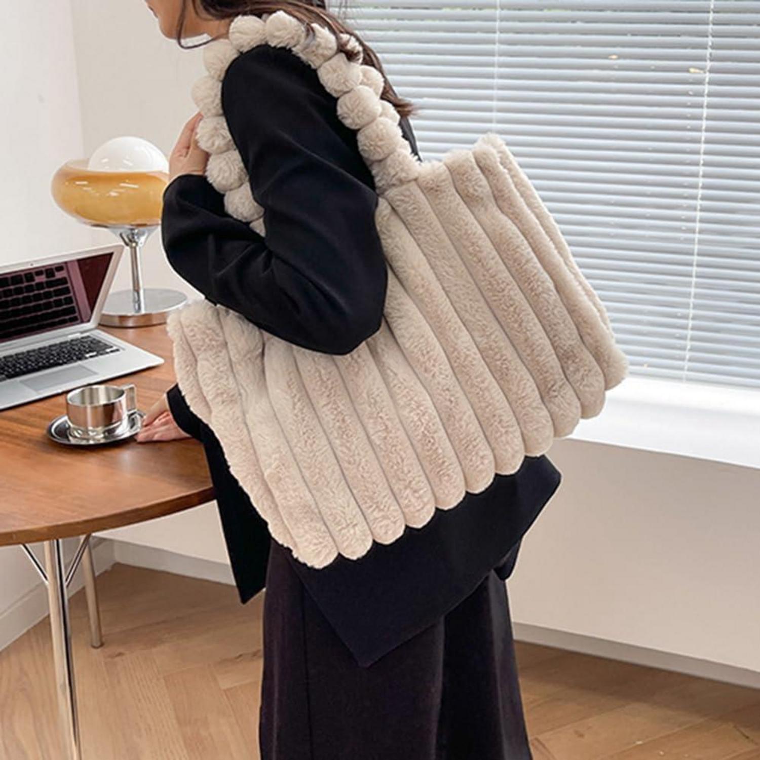 Plüsch Handtasche Damen Winter Schultertasche groß Schwarz