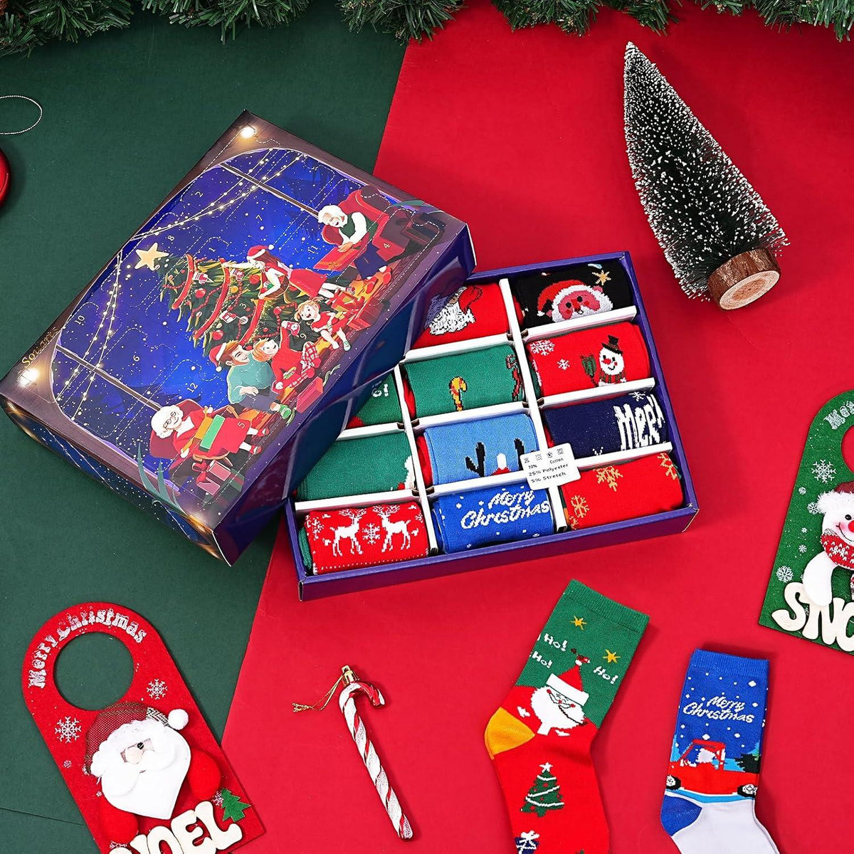 12 Paare Souarts Weihnachtssocken Adventskalender 2024 Damen Kuschelsocken