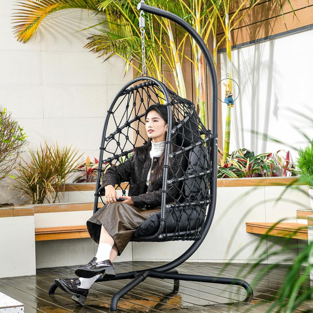 Hängesessel Polyrattan Outdoor Indoor mit Gestell & Kissen