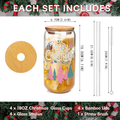 Weihnachtsglasbecher Set 4-teilig mit Deckel und Strohhalmen