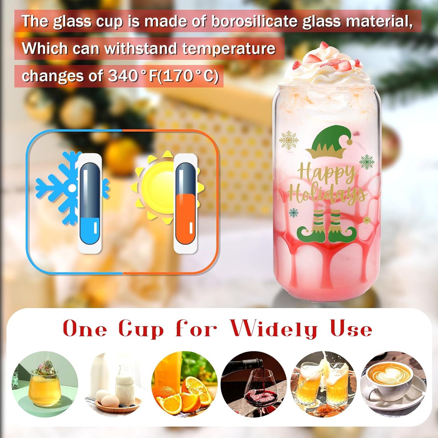 Weihnachtstassen Glasbecher mit Deckel und Strohhalmen 4er Set