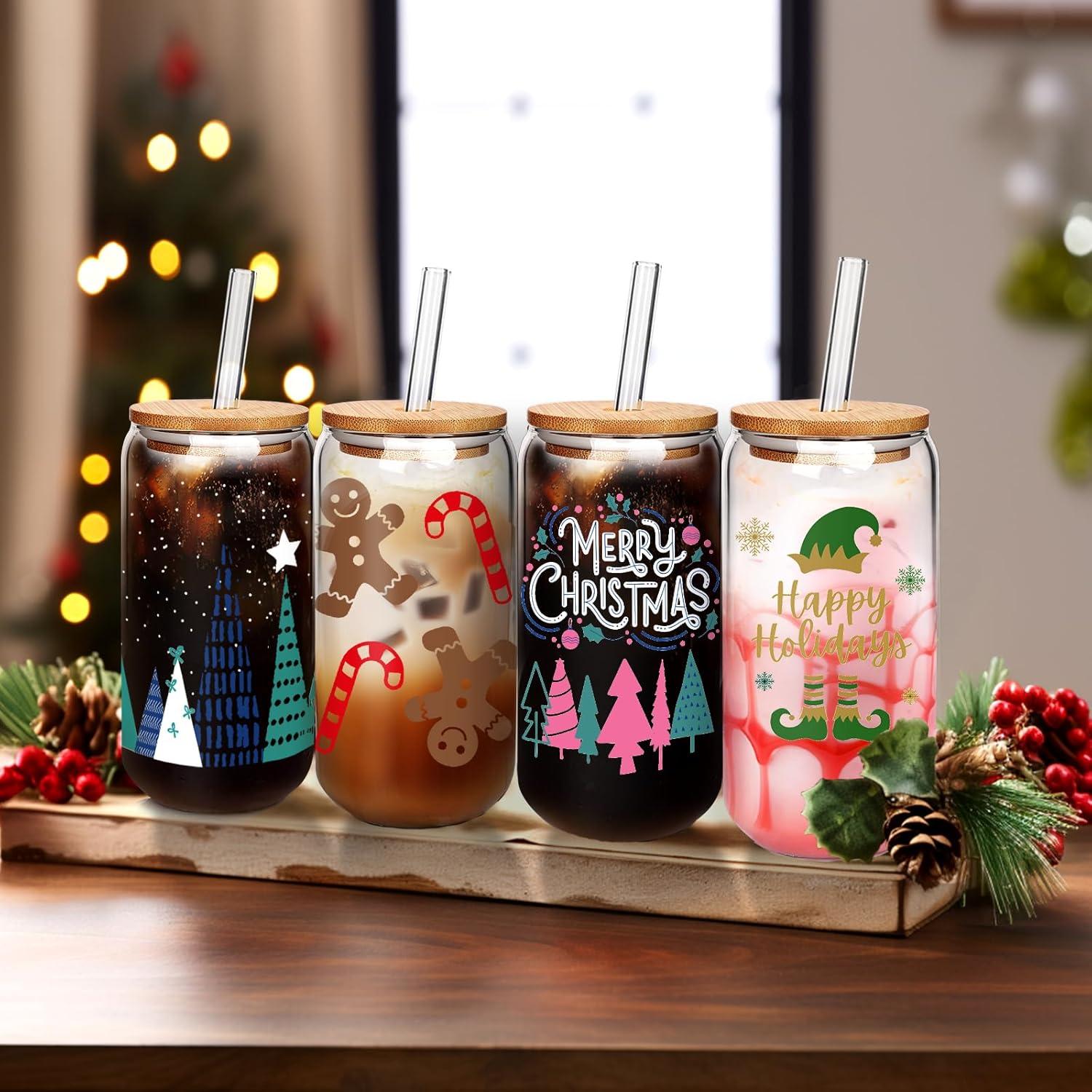 Weihnachtsgläser Set 4: Glasbecher Deckel Strohhalmen Damen-Geschenke