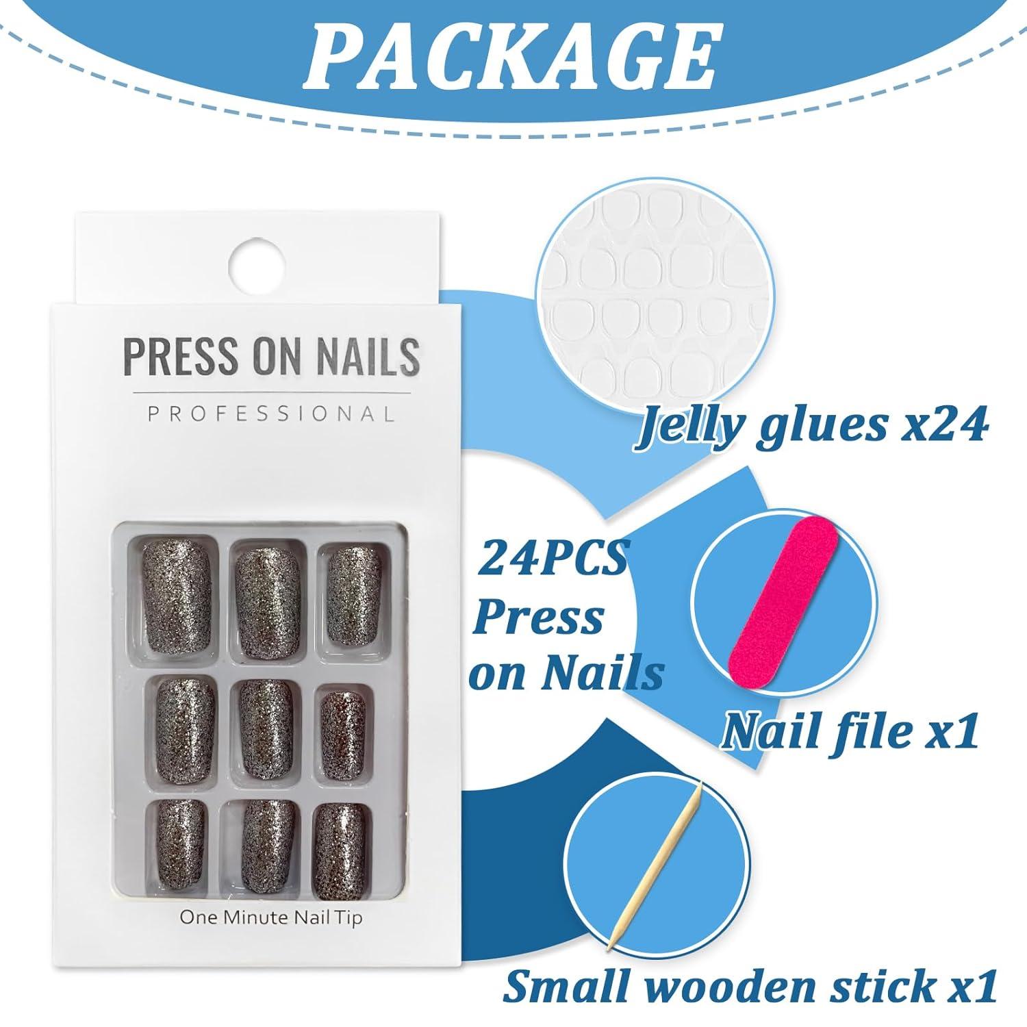 24 Stück Schwarze Press on Nägel Eckig Acryl Full Cover Fingernägel für Frauen