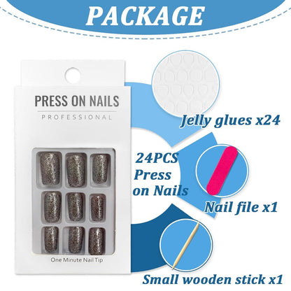 24 Stück Schwarze Press on Nägel Eckig Acryl Full Cover Fingernägel für Frauen