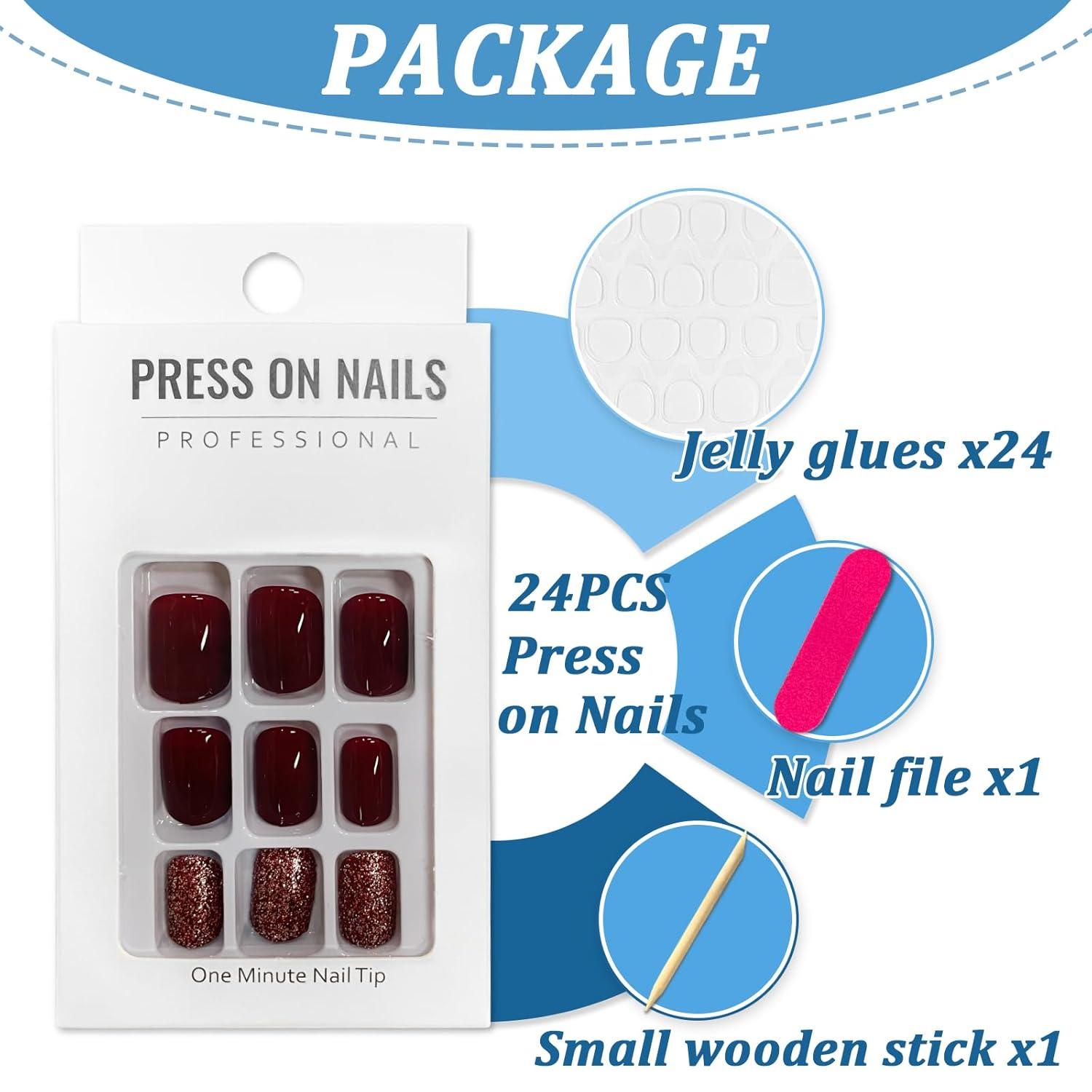 24x Künstliche Nägel Aufkleben French Press on Nails Weinrot Glänzend Acryl