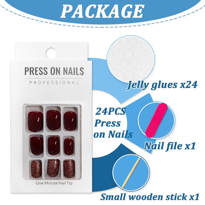 24x Künstliche Nägel Aufkleben French Press on Nails Weinrot Glänzend Acryl