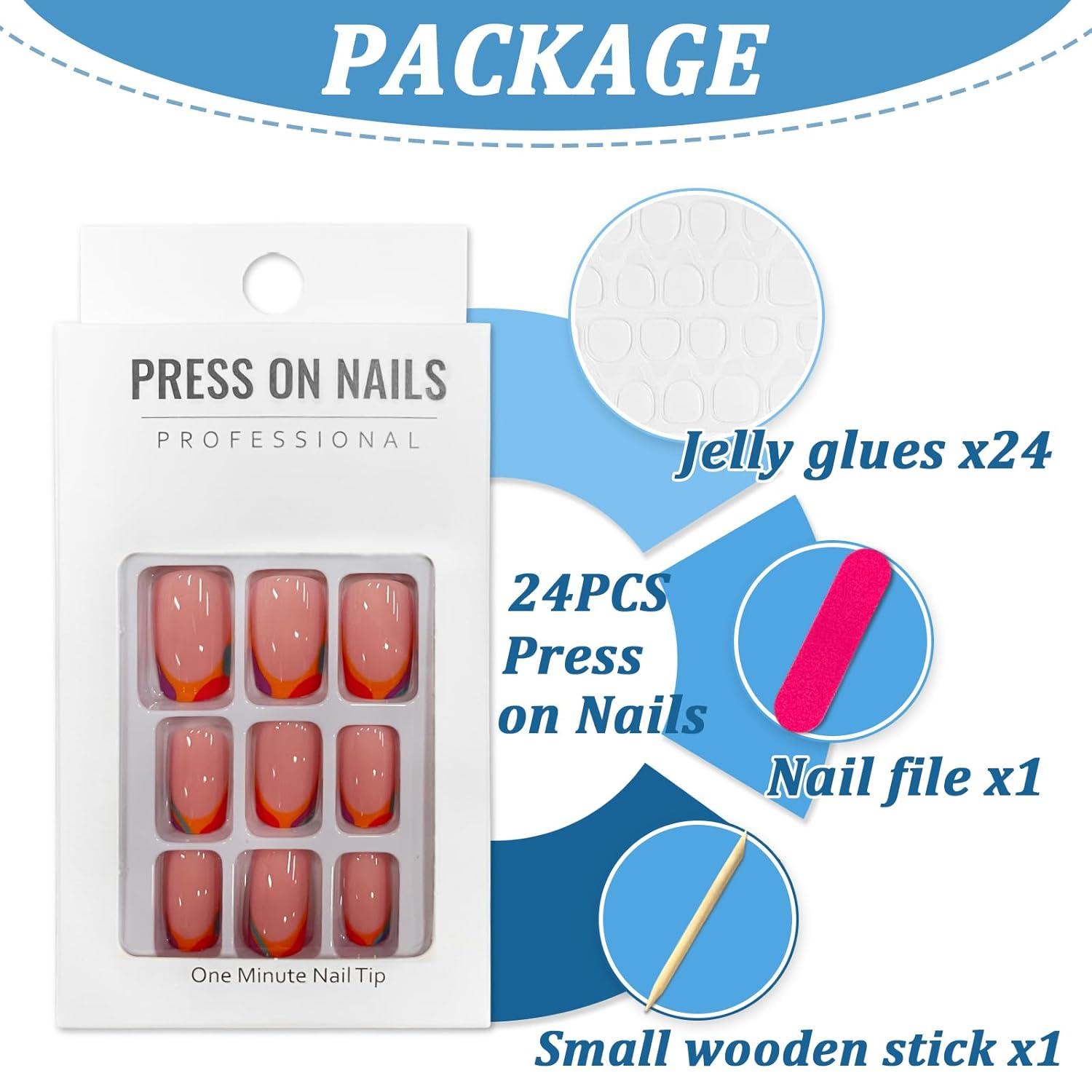 24er Set Glänzende French Fake Nails, Eckige Kurze Kunstnägel Press on diverse