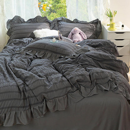 Romantische Seersucker Bettwäsche Set Grau 135x200 + 2x 80x80cm