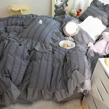 Romantische Seersucker Bettwäsche Set Grau 135x200 + 2x 80x80cm