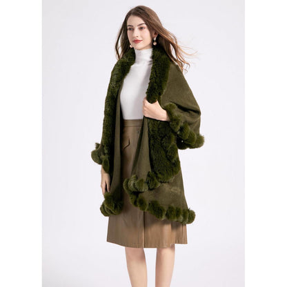 Strick Poncho Damen mit Fellkragen Armeegrün