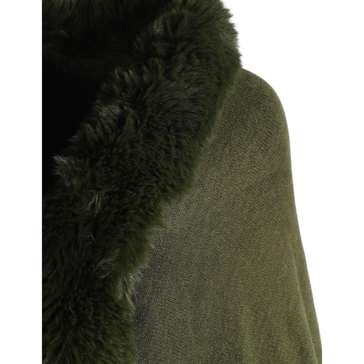 Strick Poncho Damen mit Fellkragen Armeegrün