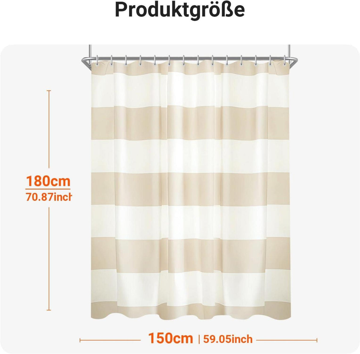 Duschvorhang 150x180cm Beige Streifen Wasserabweisend inkl. 12 Ringe