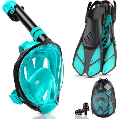 Vollgesichts-Tauchmaske mit Flossen, Schnorchelset Grün S/M