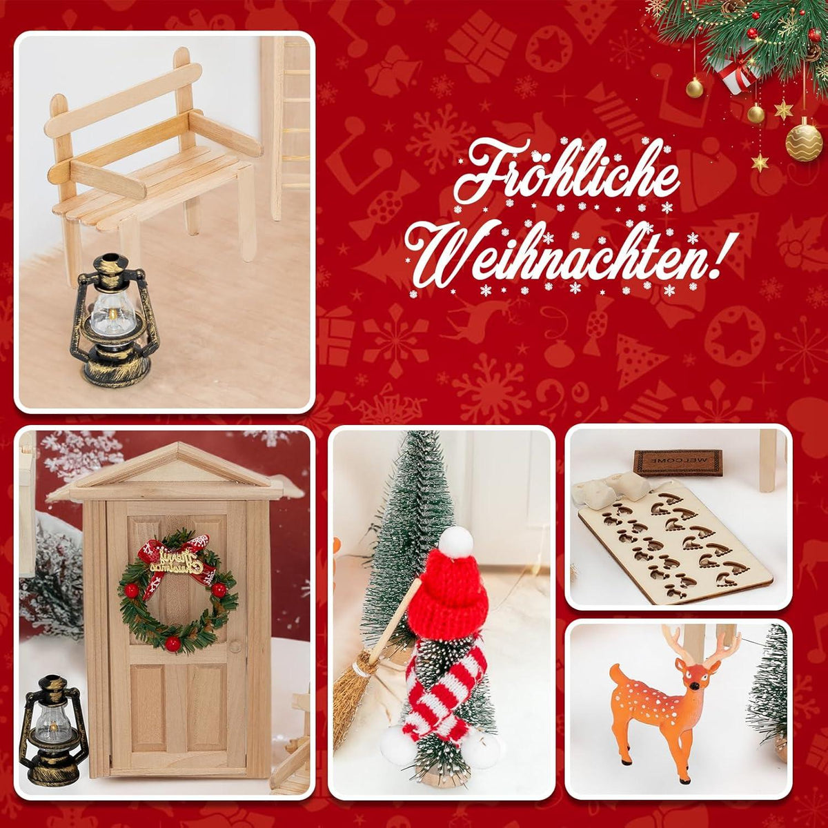 Wichteltür Zubehör Weihnachten Set Miniatur Holz Deko 16