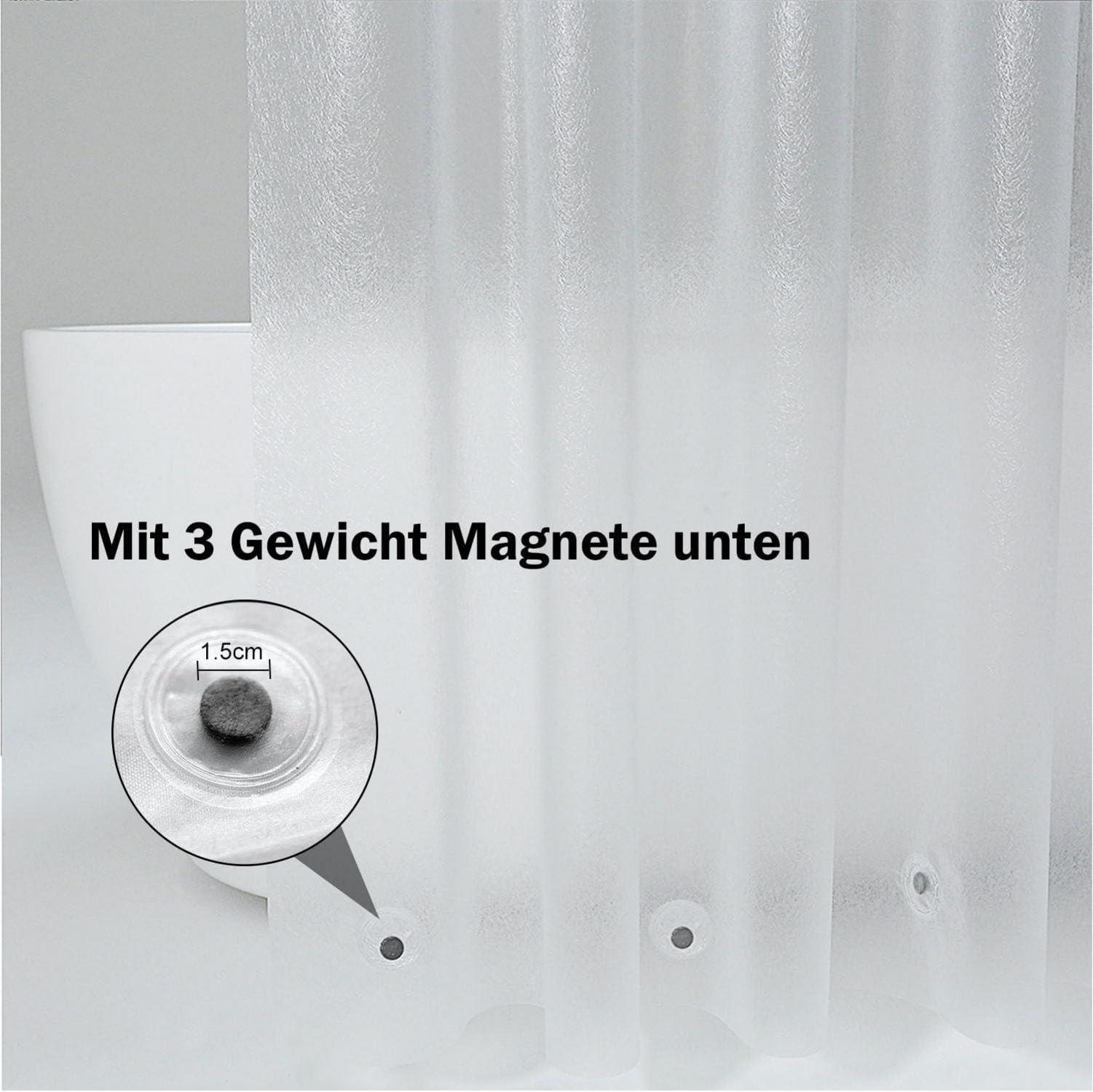 Duschvorhang 120x180 Weiß Transparent mit Magneten, Ringe Wasserdicht Anti-Schimmel